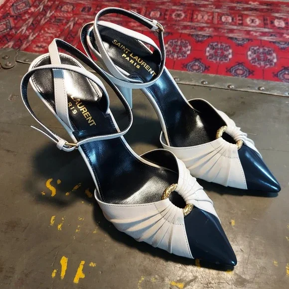 Saint Laurent Paris Two-Tone Pleated Leather Pointed Toe Pumps 37.5 White Black - Picture 1 of 8